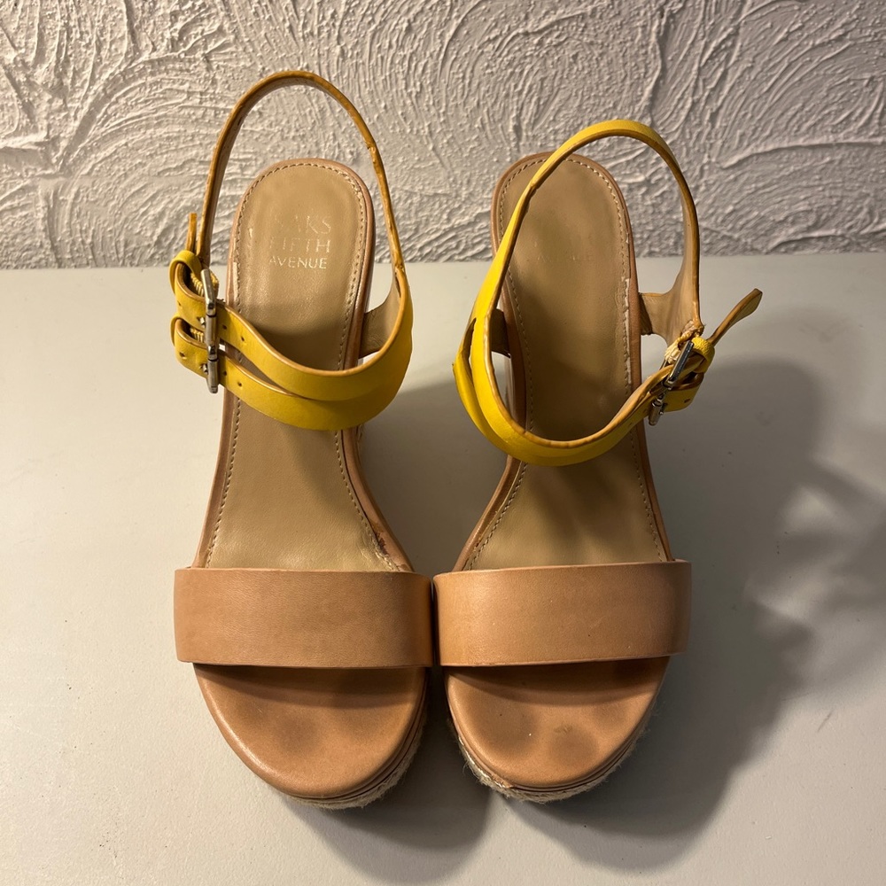 Saks Fifth Avenue Leathee Wedges with Yellow Trim - Size 7 1/2